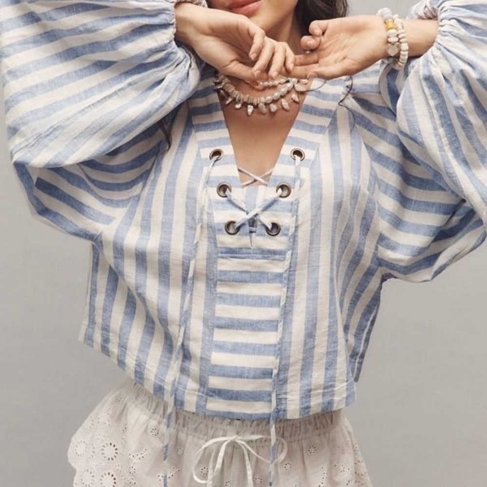 Anthropologie (NEW) Striped Top Size Small $118 MSRP Blue White Striped Linen